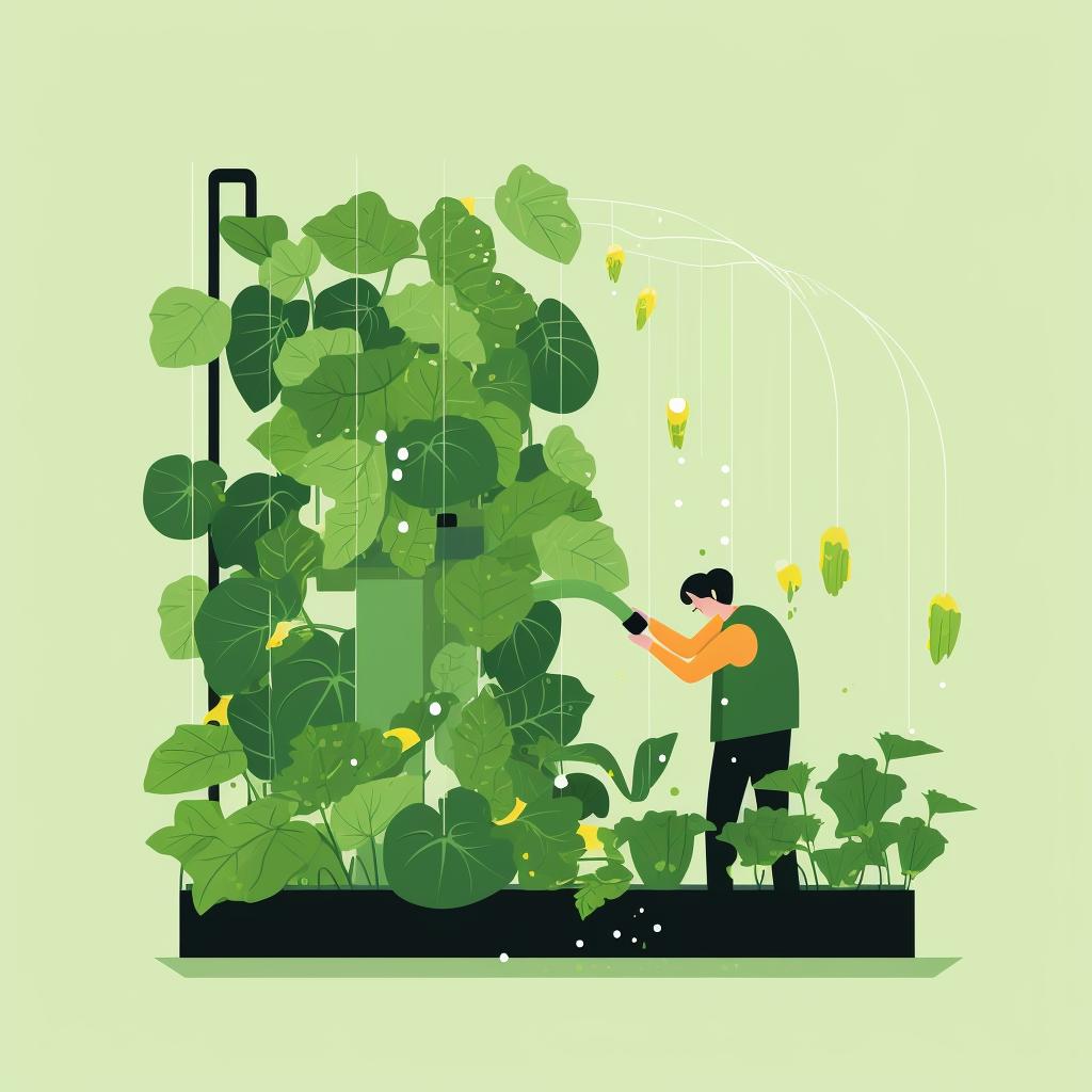 Watering zucchini plants in a vertical garden