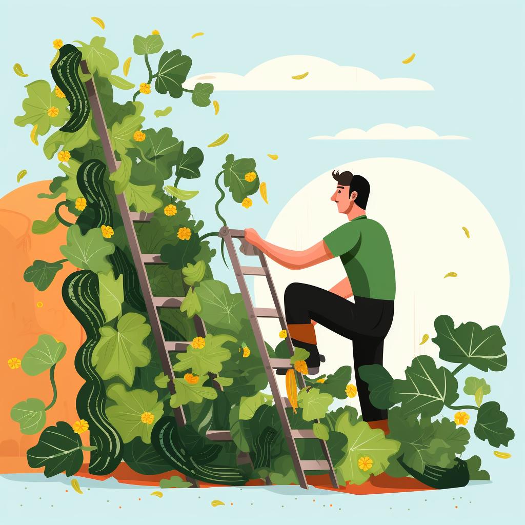 Pruning zucchini plants in a vertical garden